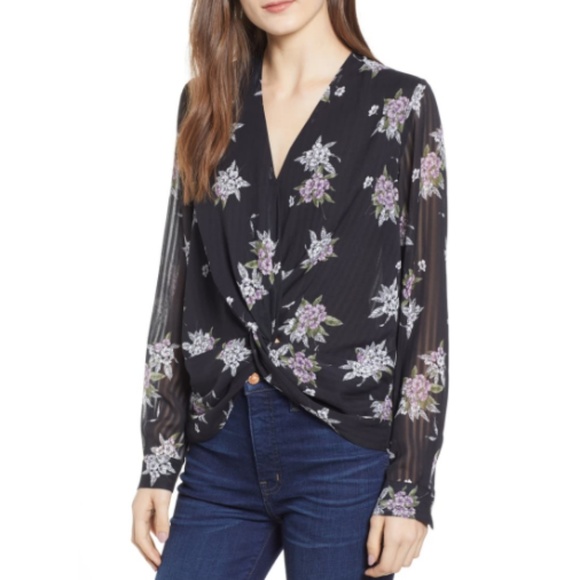 Heartloom Tops - Floral Blouse Twist V Neck Semi Sheer Long Sleeve